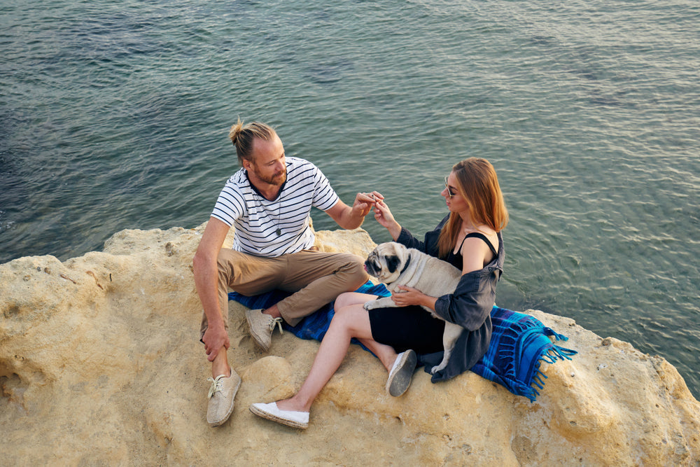 Couple Sitting On Rock With Dog Near The Ocean